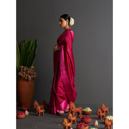 Five Point Five Pink Woven Overall Saree with Unstitched Blouse