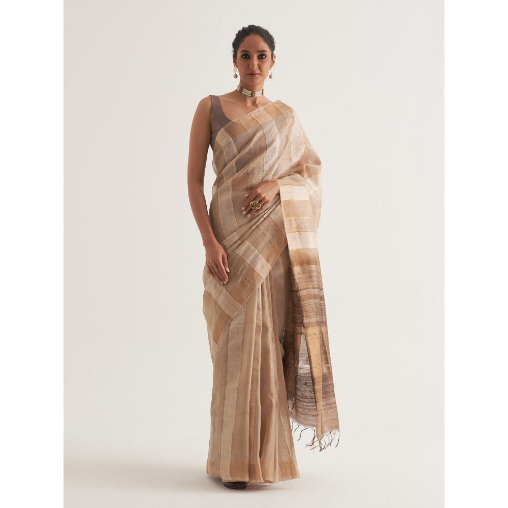 Five Point Five Beige Stripes Saree with Unstitched Blouse