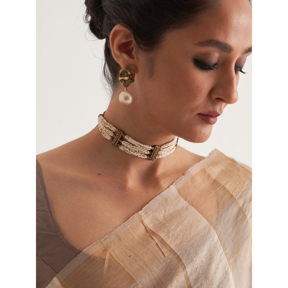 Five Point Five Beige Stripes Saree with Unstitched Blouse