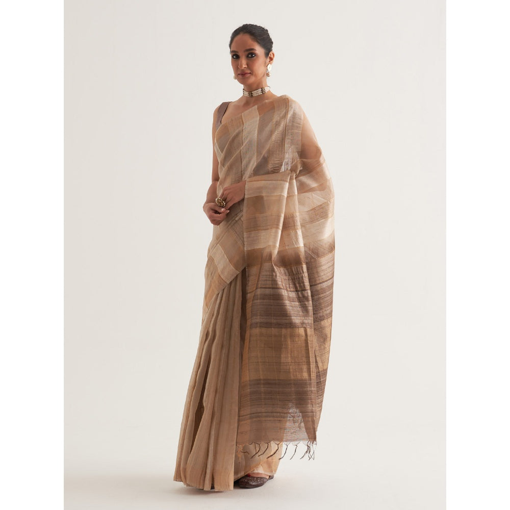 Five Point Five Beige Stripes Saree with Unstitched Blouse