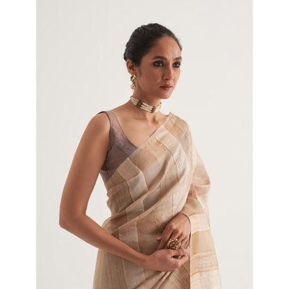 Five Point Five Beige Stripes Saree with Unstitched Blouse