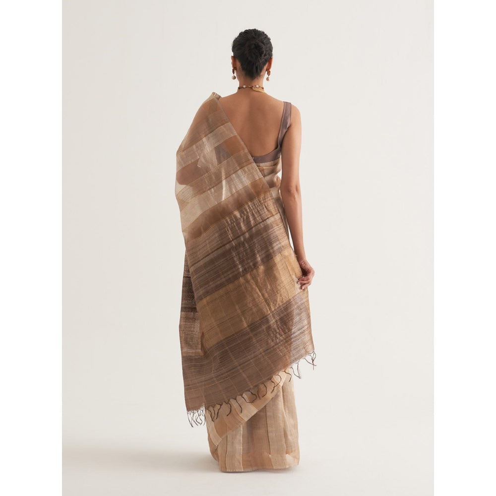 Five Point Five Beige Stripes Saree with Unstitched Blouse