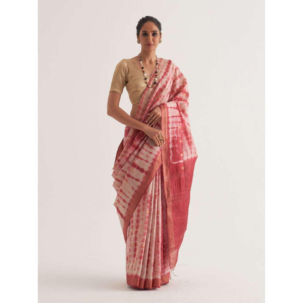 Five Point Five Pink Shibori Polka Dots Woven Saree with Unstitched Blouse