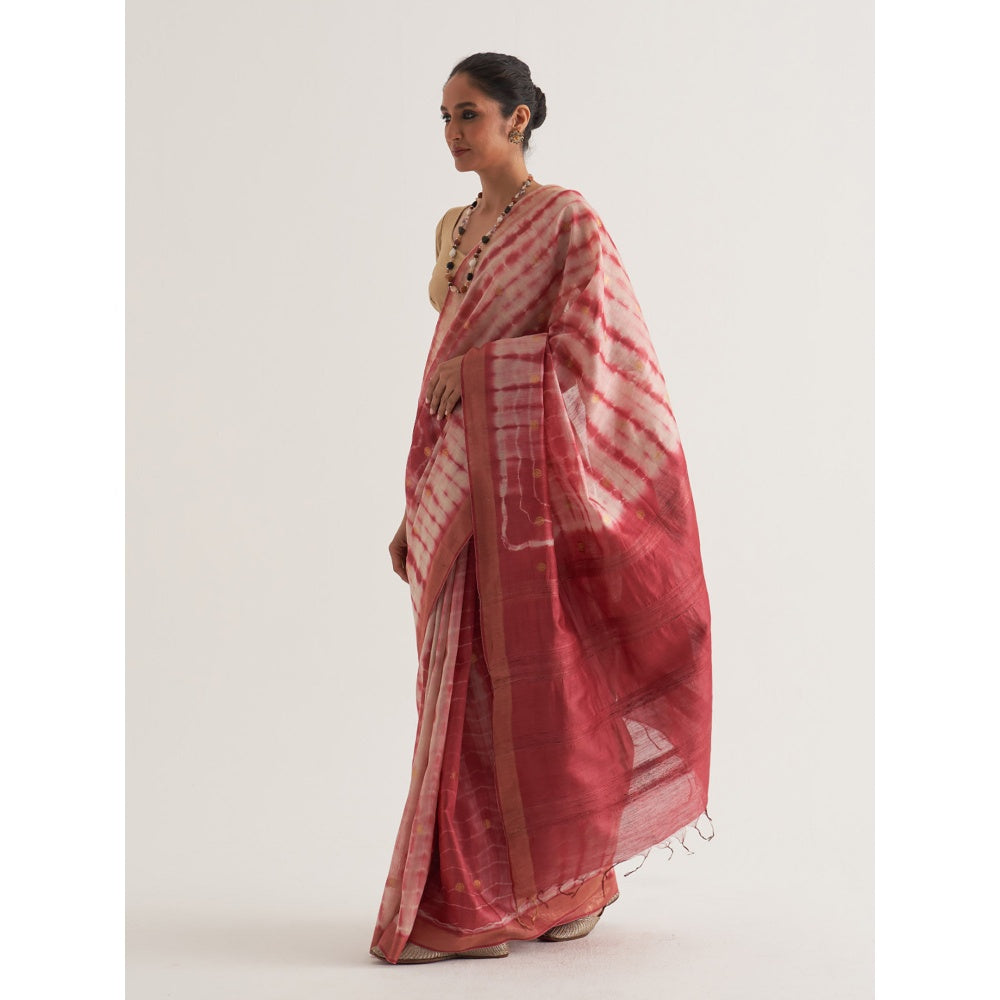 Five Point Five Pink Shibori Polka Dots Woven Saree with Unstitched Blouse