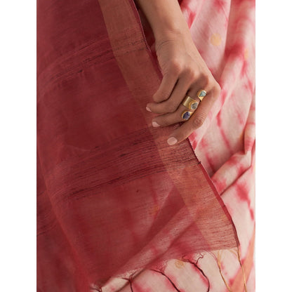 Five Point Five Pink Shibori Polka Dots Woven Saree with Unstitched Blouse
