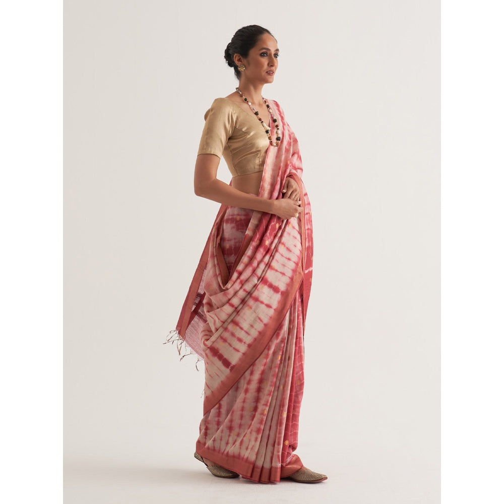 Five Point Five Pink Shibori Polka Dots Woven Saree with Unstitched Blouse