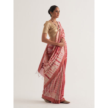 Five Point Five Pink Shibori Polka Dots Woven Saree with Unstitched Blouse