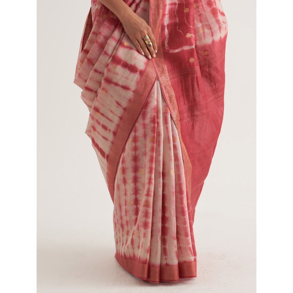 Five Point Five Pink Shibori Polka Dots Woven Saree with Unstitched Blouse