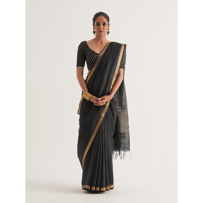 Five Point Five Black Woven Border and Stripes Saree with Unstitched Blouse