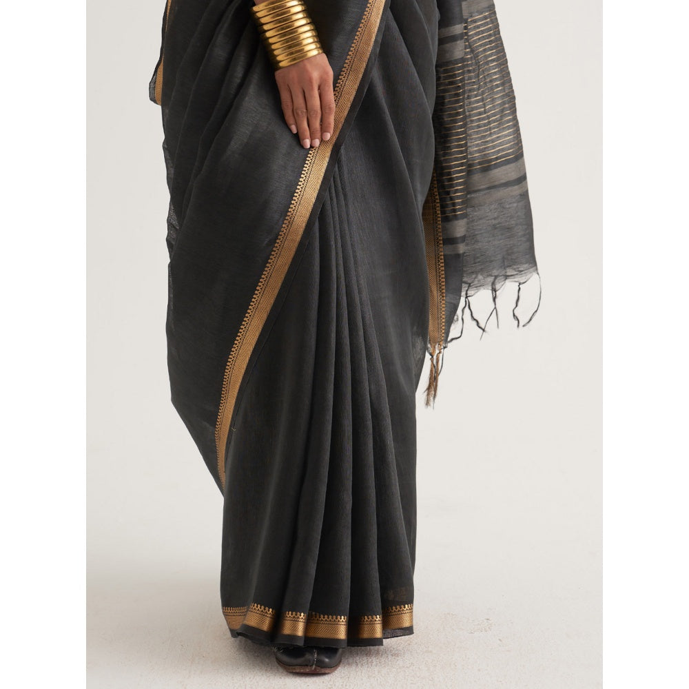 Five Point Five Black Woven Border and Stripes Saree with Unstitched Blouse