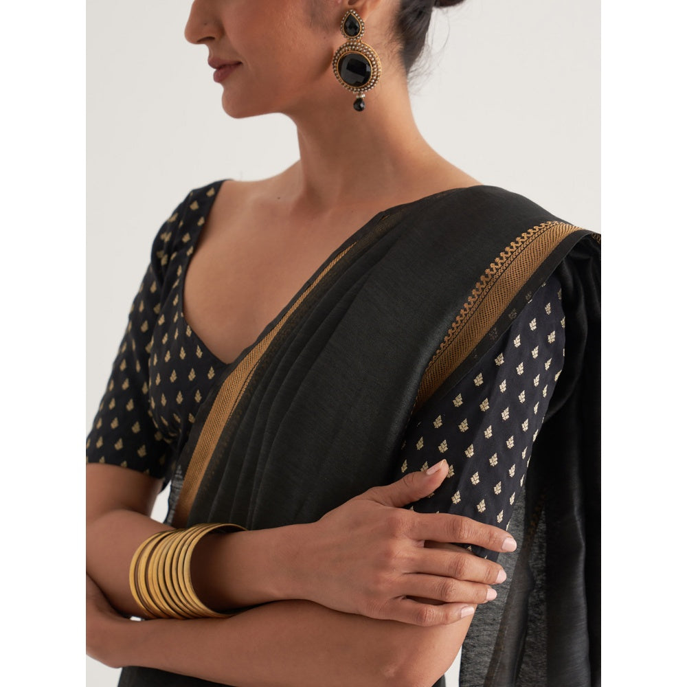 Five Point Five Black Woven Border and Stripes Saree with Unstitched Blouse