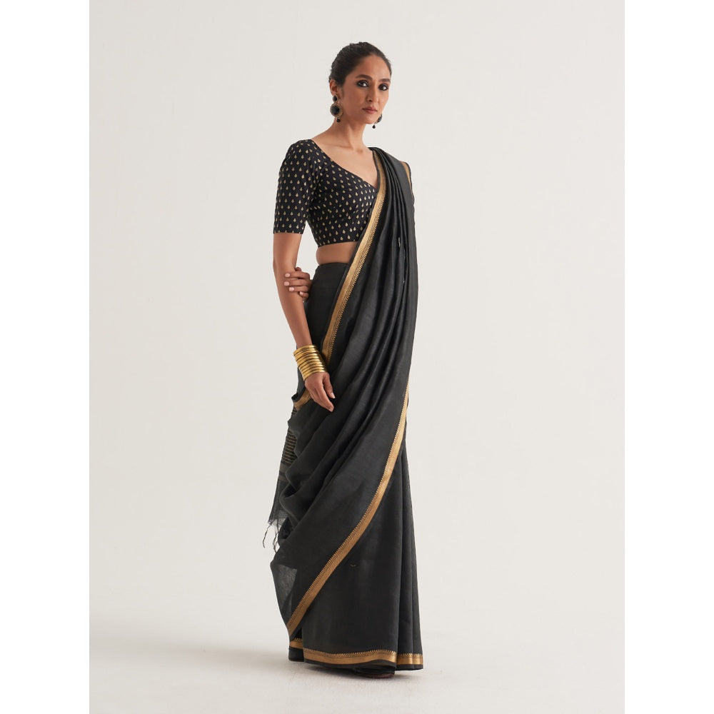 Five Point Five Black Woven Border and Stripes Saree with Unstitched Blouse