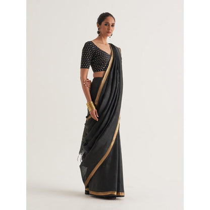 Five Point Five Black Woven Border and Stripes Saree with Unstitched Blouse