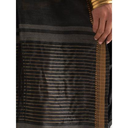 Five Point Five Black Woven Border and Stripes Saree with Unstitched Blouse