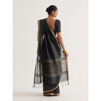 Five Point Five Black Woven Border and Stripes Saree with Unstitched Blouse