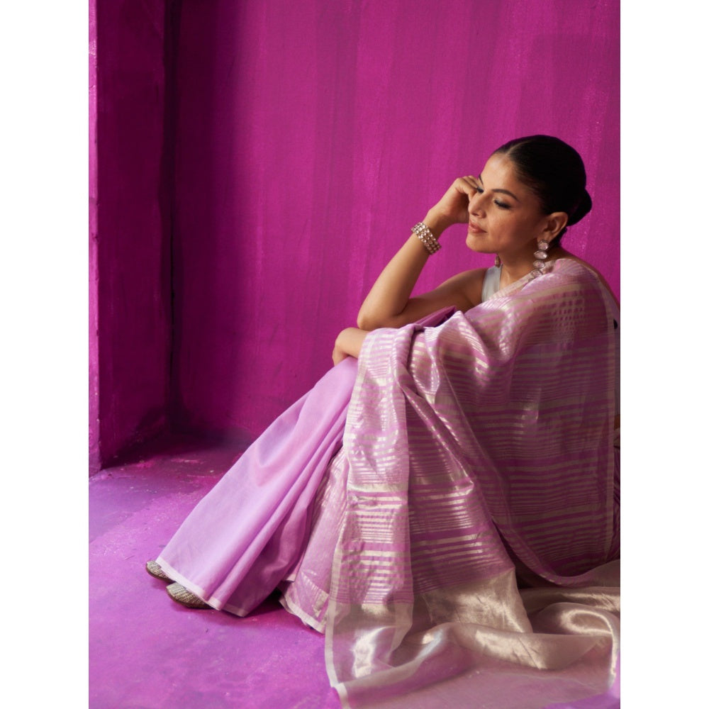 Five Point Five Pink Stripes Shabana Saree with Unstitched Blouse