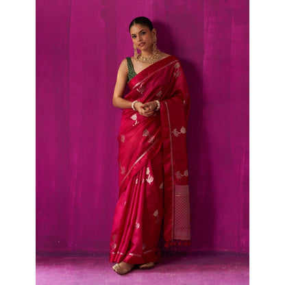 Five Point Five Red Woven Padmini Saree with Unstitched Blouse