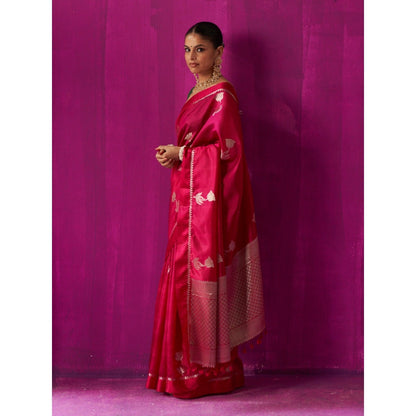 Five Point Five Red Woven Padmini Saree with Unstitched Blouse