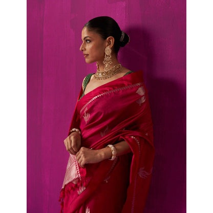 Five Point Five Red Woven Padmini Saree with Unstitched Blouse