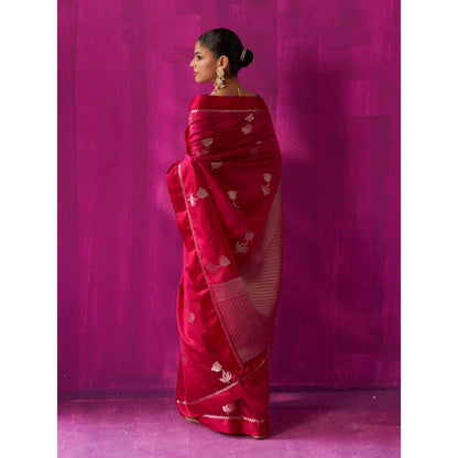 Five Point Five Red Woven Padmini Saree with Unstitched Blouse