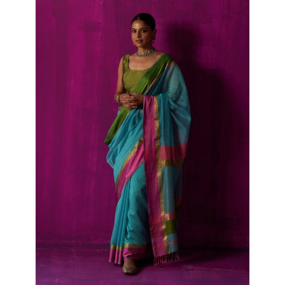 Five Point Five Blue Stripes Indira Saree with Unstitched Blouse