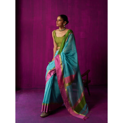 Five Point Five Blue Stripes Indira Saree with Unstitched Blouse