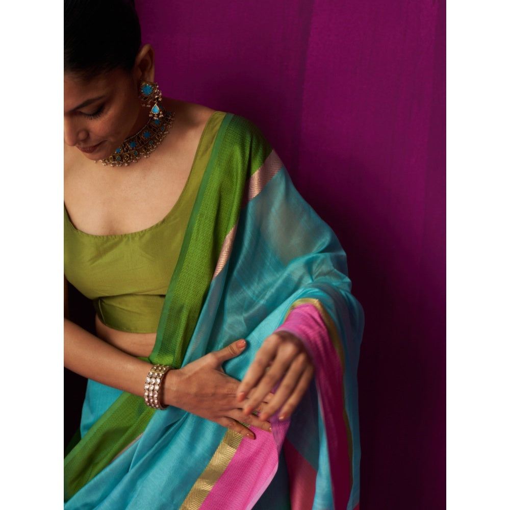 Five Point Five Blue Stripes Indira Saree with Unstitched Blouse
