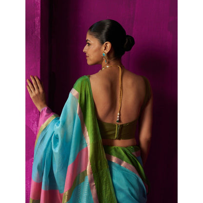 Five Point Five Blue Stripes Indira Saree with Unstitched Blouse