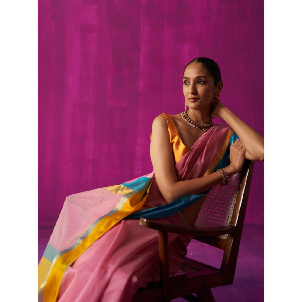 Five Point Five Pink Stripes Indira Saree with Unstitched Blouse