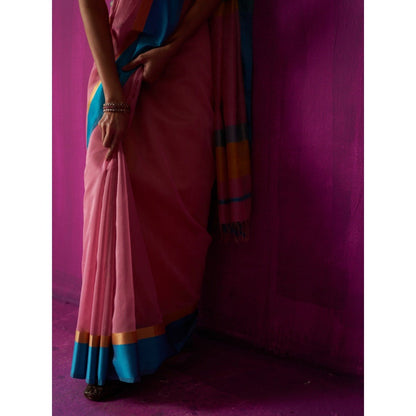 Five Point Five Pink Stripes Indira Saree with Unstitched Blouse