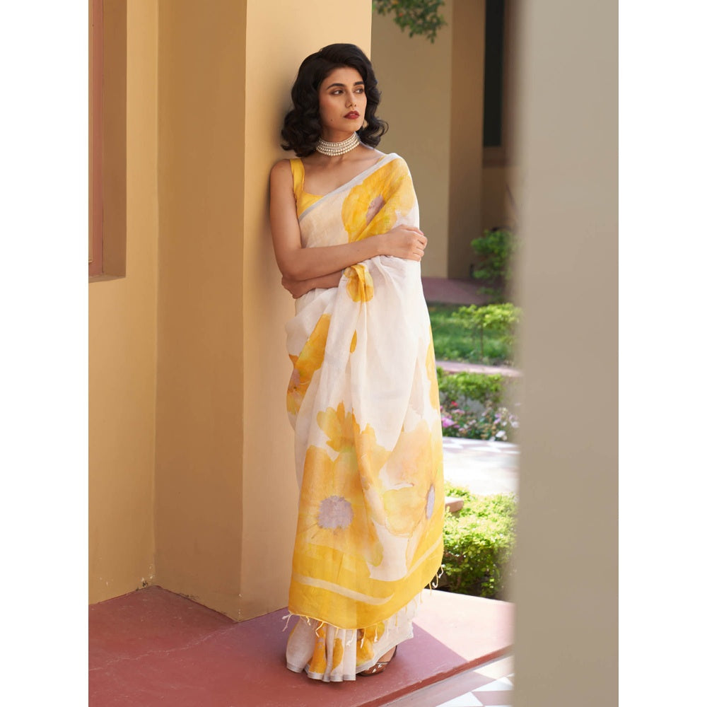 Five Point Five Vani Linen Yellow Saree with Unstitched Blouse