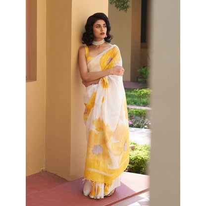 Five Point Five Vani Linen Yellow Saree with Unstitched Blouse