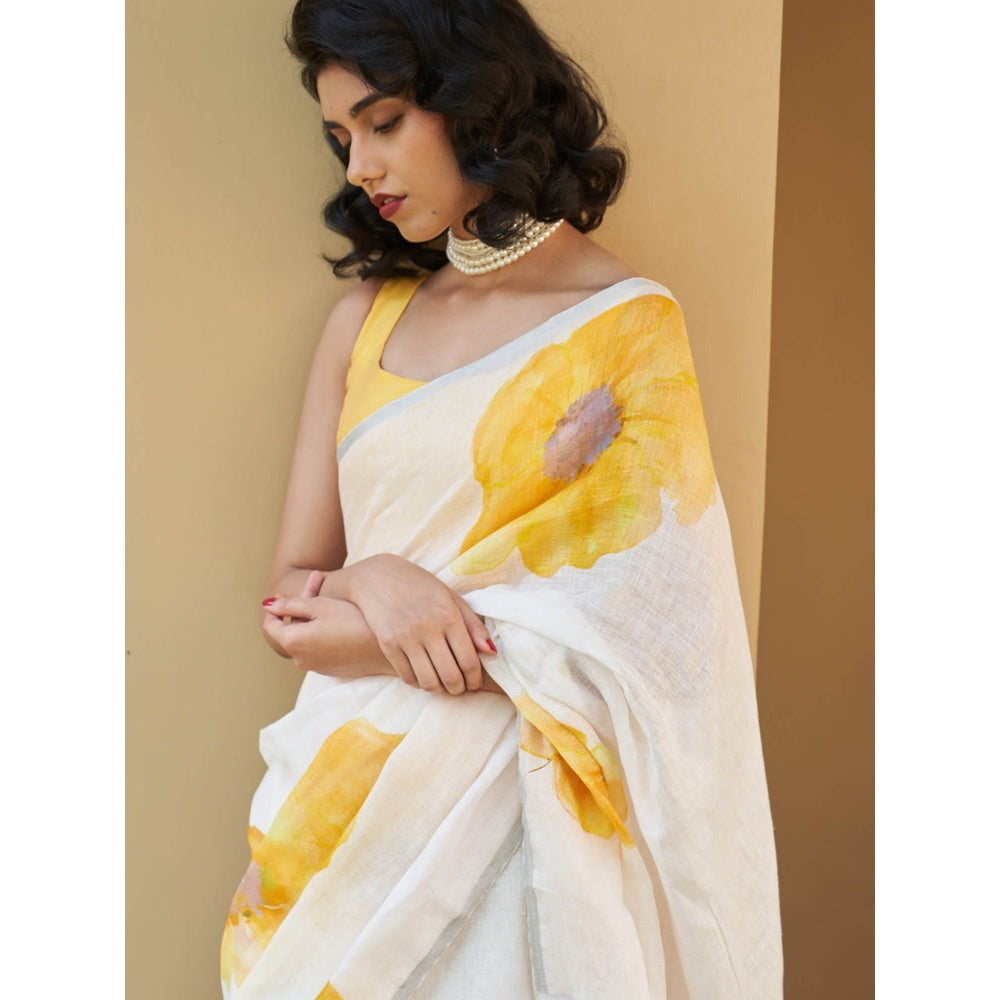 Five Point Five Vani Linen Yellow Saree with Unstitched Blouse