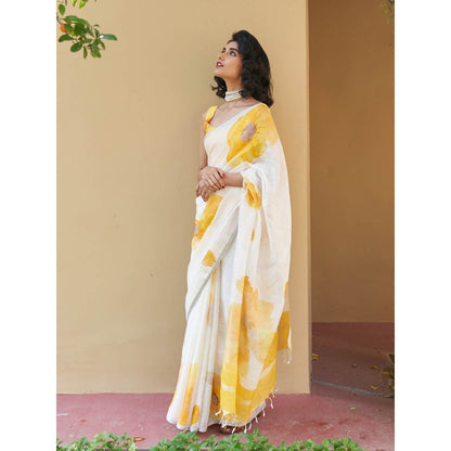 Five Point Five Vani Linen Yellow Saree with Unstitched Blouse