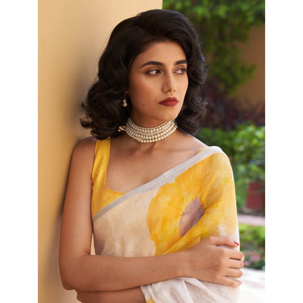 Five Point Five Vani Linen Yellow Saree with Unstitched Blouse