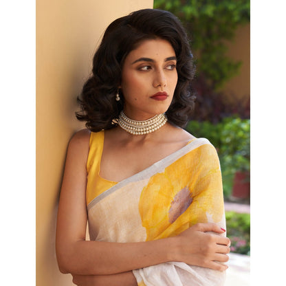Five Point Five Vani Linen Yellow Saree with Unstitched Blouse