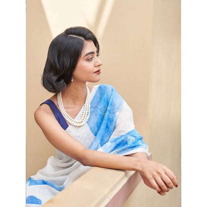 Five Point Five Vani Linen Blue Saree with Unstitched Blouse