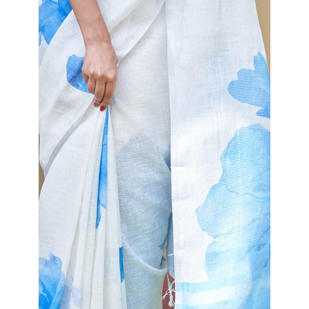 Five Point Five Vani Linen Blue Saree with Unstitched Blouse