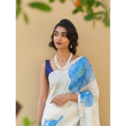 Five Point Five Vani Linen Blue Saree with Unstitched Blouse