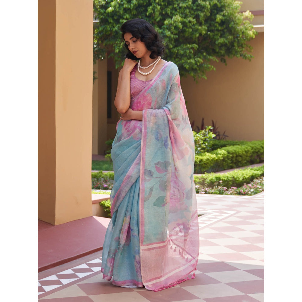 Five Point Five Nirjara Blue Saree with Unstitched Blouse