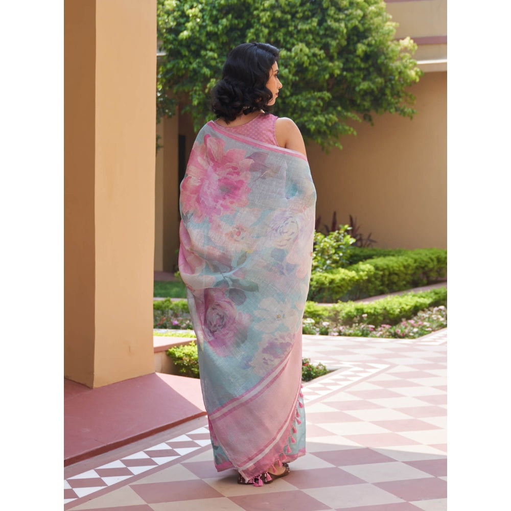 Five Point Five Nirjara Blue Saree with Unstitched Blouse