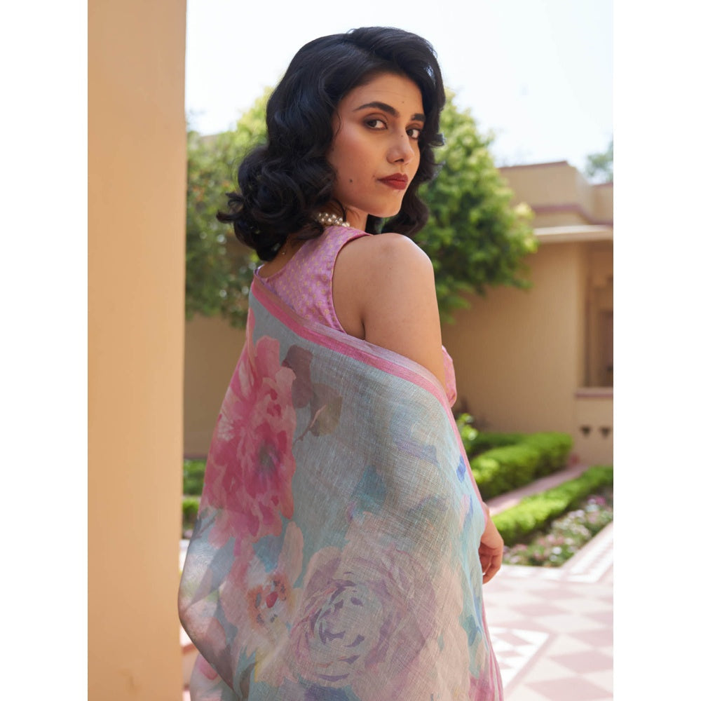 Five Point Five Nirjara Blue Saree with Unstitched Blouse