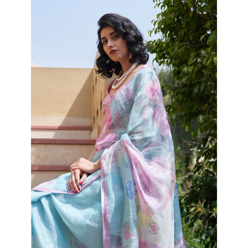 Five Point Five Nirjara Blue Saree with Unstitched Blouse