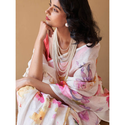 Five Point Five Kusum White Floral Saree with Unstitched Blouse