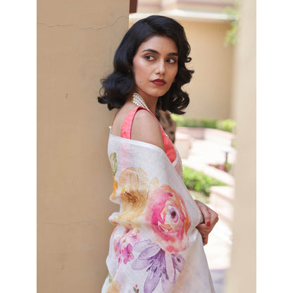 Five Point Five Kusum White Floral Saree with Unstitched Blouse