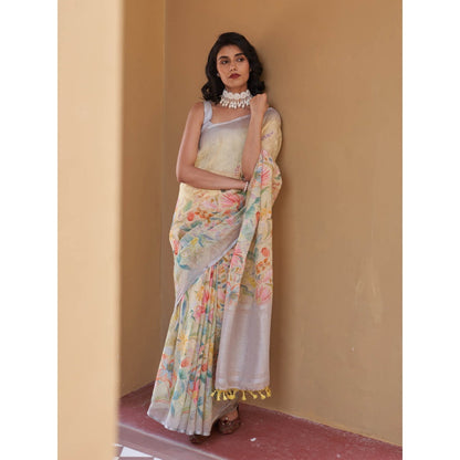 Five Point Five Jaya Yellow Floral Saree with Unstitched Blouse