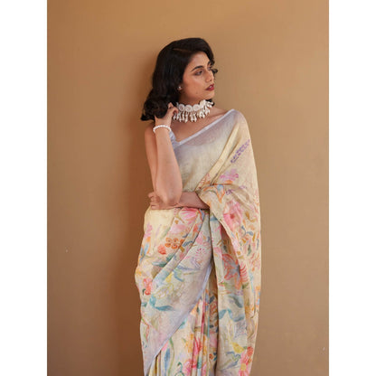 Five Point Five Jaya Yellow Floral Saree with Unstitched Blouse
