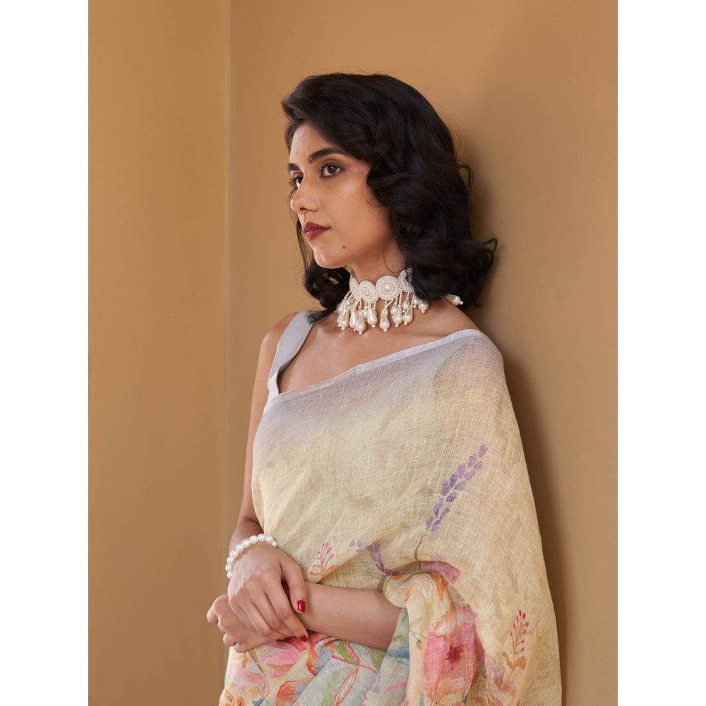 Five Point Five Jaya Yellow Floral Saree with Unstitched Blouse