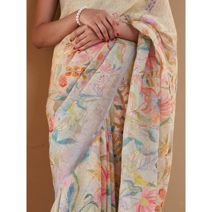 Five Point Five Jaya Yellow Floral Saree with Unstitched Blouse