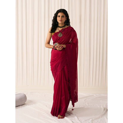 Five Point Five Women's Chameli Maroon Floral Saree with Unstitched Blouse